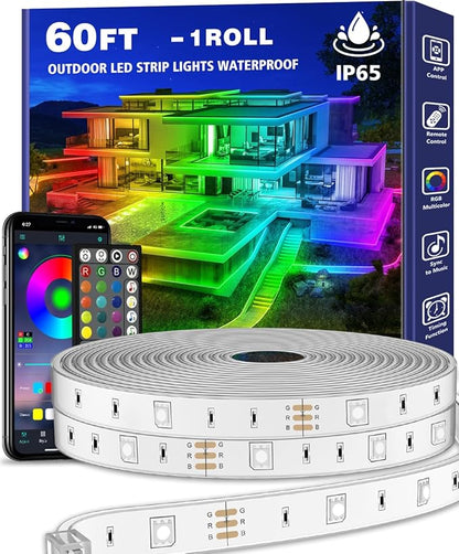 60ft Outdoor LED Strip Lights Waterproof 1 Roll,IP68 Outside Led Light Strips Waterproof with App and Remote,Music Sync RGB Exterior Led Rope Lights with Self Adhesive Back for Deck,Balcony,Pool… LETIANPAI