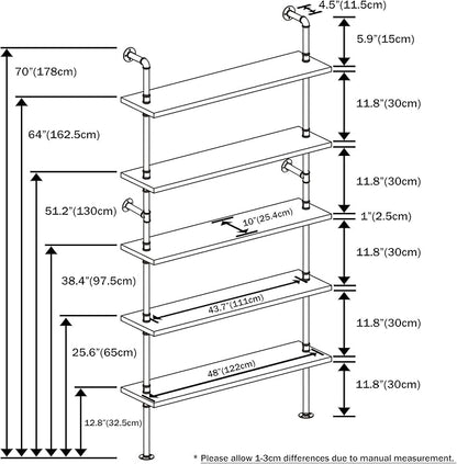 Industrial Ladder Shelves, Wall Mounted Rustic Bookshelf, Retro Wood Metal Pipe Industrial Shelves (Weathered Brown, 5 Tier - 10" D x 48" W x 70" H) - LeafyLoom