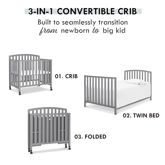 DaVinci Dylan Folding Portable 3-in-1 Convertible Mini Crib and Twin Bed in Grey, Greenguard Gold Certified - LeafyLoom