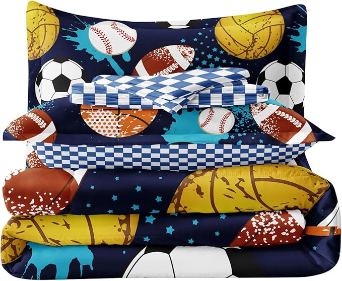 Kids Boys Comforter Set Twin Bed in a Bag w/Sheet Sets, Blue Twin Bedding Sets for Teens Soccer Basketball Baseball Football Sports Themed Bedroom Decor Reversible Design - LeafyLoom