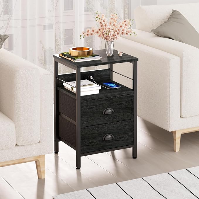 Furologee Nightstand Set of 2, Black Oak, with Charging Station and USB Ports, Side Tables with 2 Fabric Drawers, Bedside Tables with Storage Shelf & Hooks, for Living Room/Bedroom - LeafyLoom