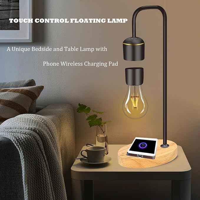 Magnetic Levitating Light Bulb Levitation Real Wood Black Floating Desk Lamp LED Night Lights with Luxury Wireless Charging Pad (Apple/Android) for Christmas Gift - LeafyLoom