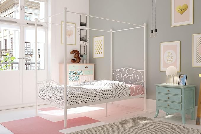 DHP Metal Canopy Kids Platform Bed with Four Poster Design, Scrollwork Headboard and Footboard, Underbed Storage Space, No Box Sring Needed, Twin, White - LeafyLoom