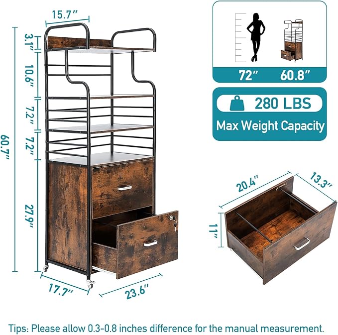 Vertical File Cabinet, 2 Drawer Mobile Filing Cabinet with 3 Bookshelf, Printer Stand with Open Storage Shelves Fits A4/Letter/Legal Size File Cabinets for Home Office Organizer, Brown - LeafyLoom