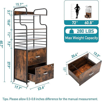 Vertical File Cabinet, 2 Drawer Mobile Filing Cabinet with 3 Bookshelf, Printer Stand with Open Storage Shelves Fits A4/Letter/Legal Size File Cabinets for Home Office Organizer, Brown - LeafyLoom