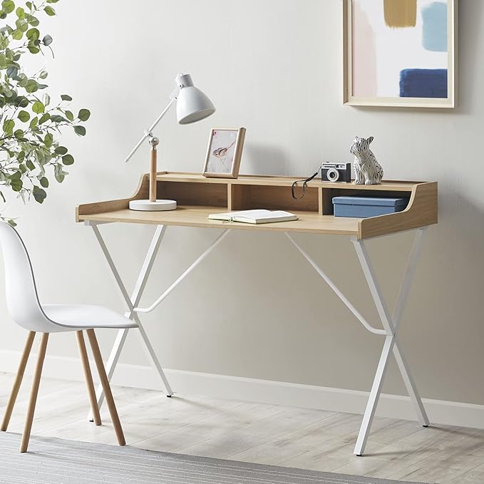 510 DESIGN Laurel Home Office Computer Desk for Small Spaces - Modern Wooden Top Writing Table with Sturdy Metal Legs, Living Room Furniture, Easy Assembly, 47" W x 23.5" D x 35" H, Natural/White - LeafyLoom