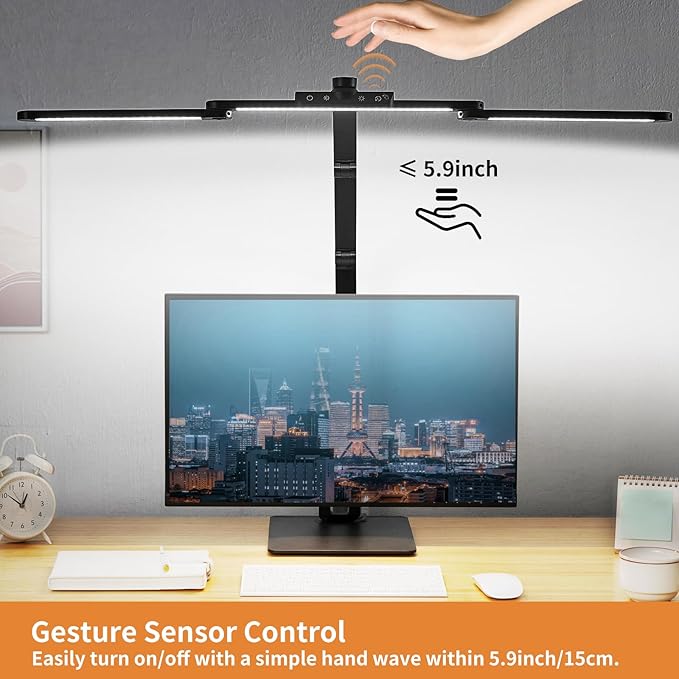 Desk Lamp with Hand-Sweep Sensor Desk Lamps for Home Office Desk Lamp with Clamp with 2 USB C+A Ports 24W LED Desk Light Clip On Desk Lamp with Timer, 3 Colors, 7 Brightness Dimmable Lamp For Desk - LeafyLoom