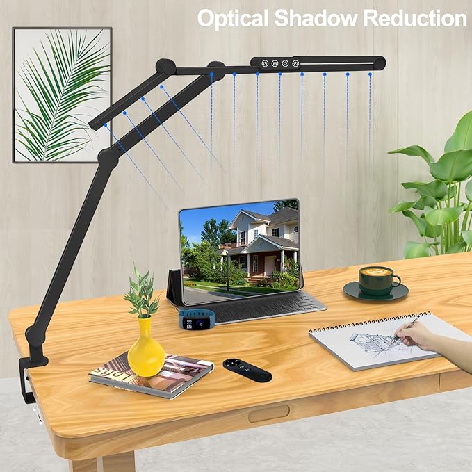 Micomlan Desk Lamp with Clamp, Architect Led Desk Lamp for Home Office with Remote Control, 24W Ultra Bright Auto Dimming Computer Desk Light Adjustable Table Light for Working Workbench - LeafyLoom