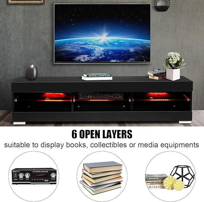 HOMMPA LED TV Stand with LED Lights for 65 inch TV Modern Entertainment Center with Storage 57" Black TV Console with Glass Shelves for Living Room 15" Tall - LeafyLoom