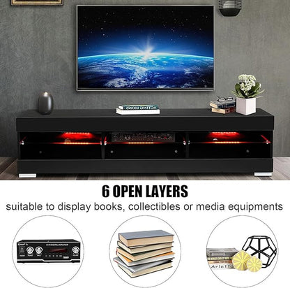 HOMMPA LED TV Stand with LED Lights for 65 inch TV Modern Entertainment Center with Storage 57" Black TV Console with Glass Shelves for Living Room 15" Tall - LeafyLoom