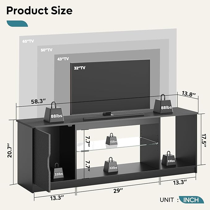 Bestier LED TV Stand for 55/60/65 Inch TV, Gaming Entertainment Center with Cabinet for PS5, Modern TV Cabinet with Adjustable Glass Shelves for Living Room, Bedroom 58 Inch,Black - LeafyLoom