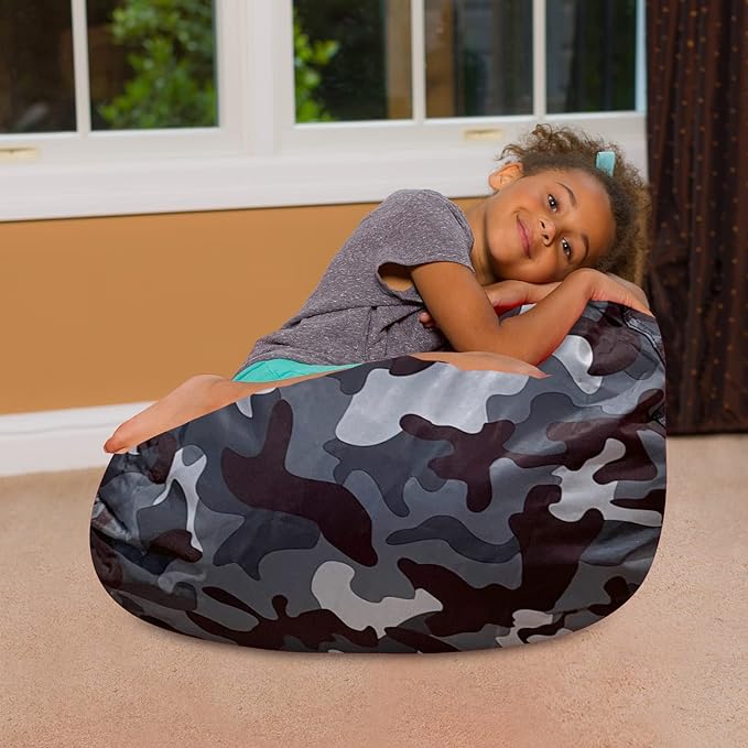 Posh Creations Bean Bag Chair for Kids, Teens, and Adults Includes Removable and Machine Washable Cover, Soft Nylon - Camo Dark and Black Gray, 27in - Medium - LeafyLoom