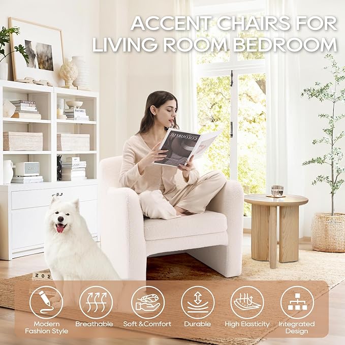 COLAMY Sherpa Accent Chair for Living Room,Living Room Chair,Comfy Accent Armchair with Back,Modern Accent Leisure Chair for Living Room Bedroom Reception Waiting Room, Cream - LeafyLoom