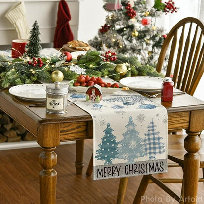 Artoid Mode Blue Pine Trees Merry Christmas Table Runner, Winter Xmas Holiday Kitchen Dining Table Decoration for Home Party Decor 13x60 Inch ArtoidMode