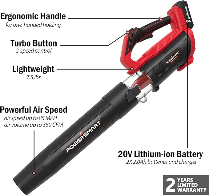 PowerSmart 20V Cordless Leaf Blower with 2 Batteries and Charger, Blowers for Lawn Care, Snow Blowing & Yard Cleaning - LeafyLoom