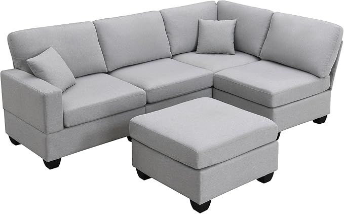 89.8" Modern Sectional Sofa with Convertible Ottoman and 2 Pillows,L-Shape Linen Fabric Corner Couch 5 Set W/Back & Cushion,can Hold up to 330 Lbs,for Apartment,Living Room,Light Grey - LeafyLoom