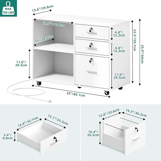 DWVO 3 Drawer File Cabinet with Charging Station, Mobile Filing Cabinet with Lock, White - LeafyLoom