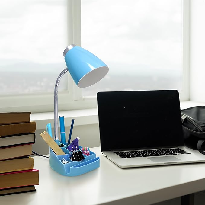 Simple Designs LD1067-BLU Compartmental Desk Lamp with iPhone/iPad/Tablet Stand, Bendable Gooseneck, for Office, Living Room, Nightstand, Library, Entryway, Blue - LeafyLoom