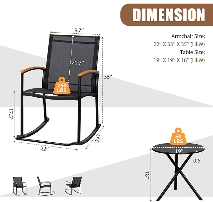 Shintenchi 3 Piece Outdoor Rocking Bistro Set, Textilene Fabric Small Patio Furniture Set, Front Porch Rocker Chairs Conversation Set with Table for Lawn, Garden, Balcony, Poolside (Black) - LeafyLoom