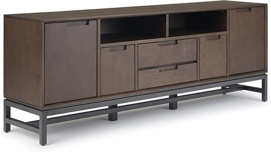 SIMPLIHOME Banting SOLID HARDWOOD 72 Inch Wide Industrial TV Media Stand in Walnut Brown for TVs up to 80 Inch, For the Living Room and Entertainment Center - LeafyLoom