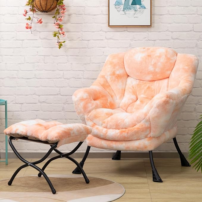 HollyHOME Faux-Fur Lazy Chair with Foldable Ottoman, Accent Comfy Lounge Arm Chair and Folding Footrest Stool Set, Leisure Sofa Reading Chair and Footstool for Living Room, Bedroom, Orange&White - LeafyLoom