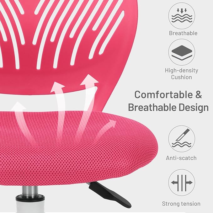 Desk Chair Armless Small Study Chairs Armless for Child Kids Teens, Ergonomic Swivel Rolling Lightweight Task Chair with Wheels and Mesh Padded Cushion, Pink - LeafyLoom