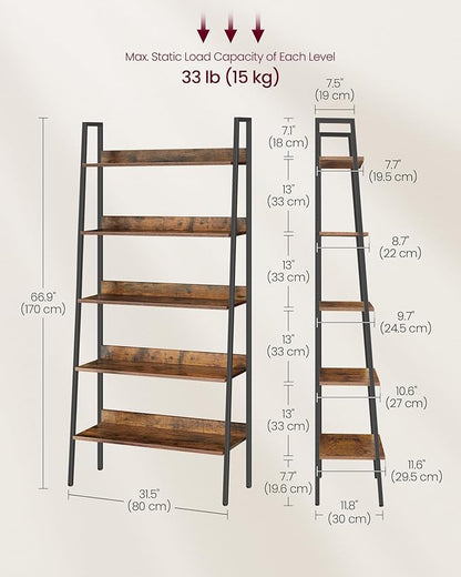 VASAGLE Bookshelf, 5-Tier Bookcase, Ladder Shelf for Home Office, Living Room, Bedroom, Kitchen, Rustic Brown and Ink Black ULLS129B01 - LeafyLoom