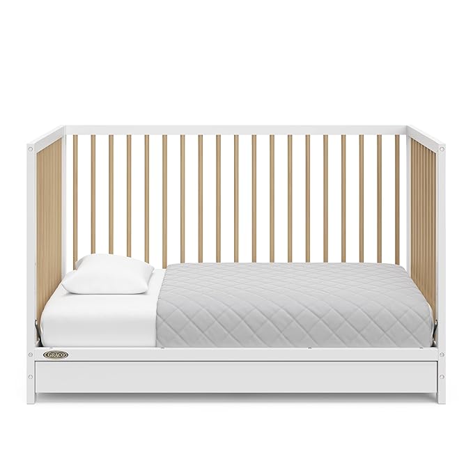 Graco Teddi 5-in-1 Convertible Crib with Drawer (White with Driftwood) – GREENGUARD Gold Certified, Crib with Drawer Combo, Full-Size Nursery Storage Drawer, Converts to Toddler Bed - LeafyLoom