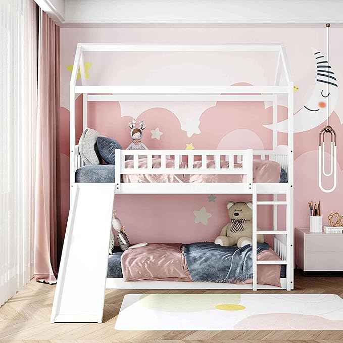 Twin Over Twin Bunk Bed with Slide for Kids Bedroom,Solid Pinewood Bedframe,House Bunkbeds w/Safety Guardrails & Roof Design,No Box Spring Needed, White - LeafyLoom