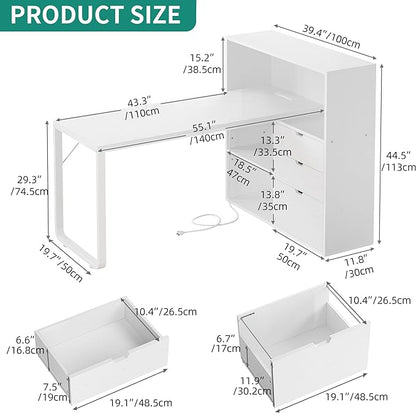 YITAHOME L Shaped Desk with Power Outlets & LED Lights & File Cabinet, 55" Corner Computer Desk with 3 Drawers & 3 Storage Shelves, Home Office Desk with Bookshelf, White - LeafyLoom