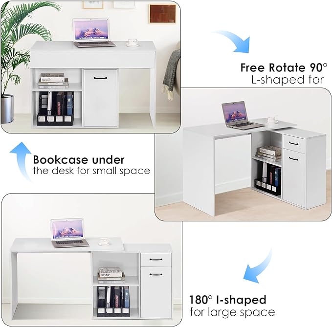 L-Shaped Rotating Computer Desk 68 inch with Storage Shelves Home Office Corner Desk with Drawers and File Cabinet Multipurpose Study Writing Table for Bedroom Small Space White - LeafyLoom