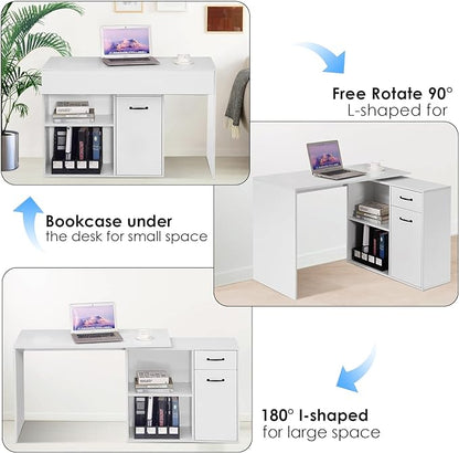 L-Shaped Rotating Computer Desk 68 inch with Storage Shelves Home Office Corner Desk with Drawers and File Cabinet Multipurpose Study Writing Table for Bedroom Small Space White - LeafyLoom