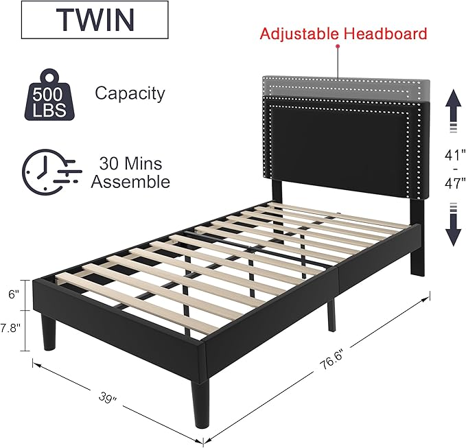 VECELO Twin Size Platform Bed Frame with Adjustable Upholstered Headboard, Modern Mattress Foundation, Strong Wood Slat Support, No Box Spring Needed, Easy Assembly - LeafyLoom