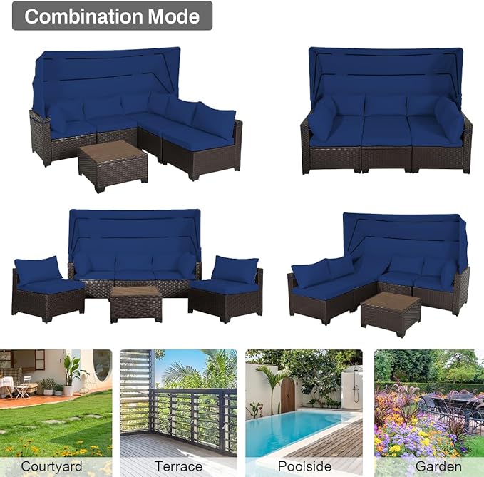 6 PCS Outdoor Patio Furniture Set,Sectional Sofa Set,Rattan Daybed with Retractable Canopy,Adjustable Backrest,Storage Coffee Table,Chaise Chair Sunbed for Garden Poolside Backyard(Dark Blue) - LeafyLoom