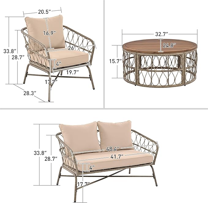 Merax Outdoor Patio Furniture Sets, Bohemia-Inspired Wicker Conversation Seating Group, with Soft Cushions and Wood Tabletop, 4 PCS, Beige - LeafyLoom