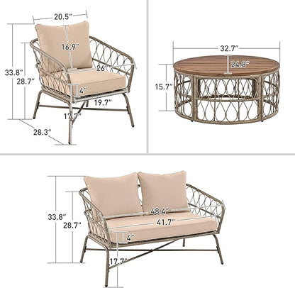 Merax Outdoor Patio Furniture Sets, Bohemia-Inspired Wicker Conversation Seating Group, with Soft Cushions and Wood Tabletop, 4 PCS, Beige - LeafyLoom