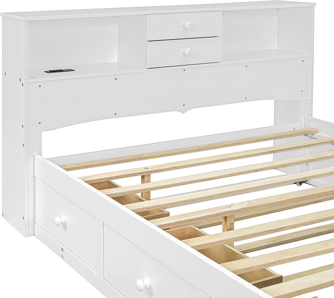 Full Size Wood Pltaform Trundle and 3 Drawers/Upper Shelves,Multifunctional Storage Bed Frame,W/a Set of USB Ports & Sockets,for Apartment,Bedroom,Living Room,White - LeafyLoom