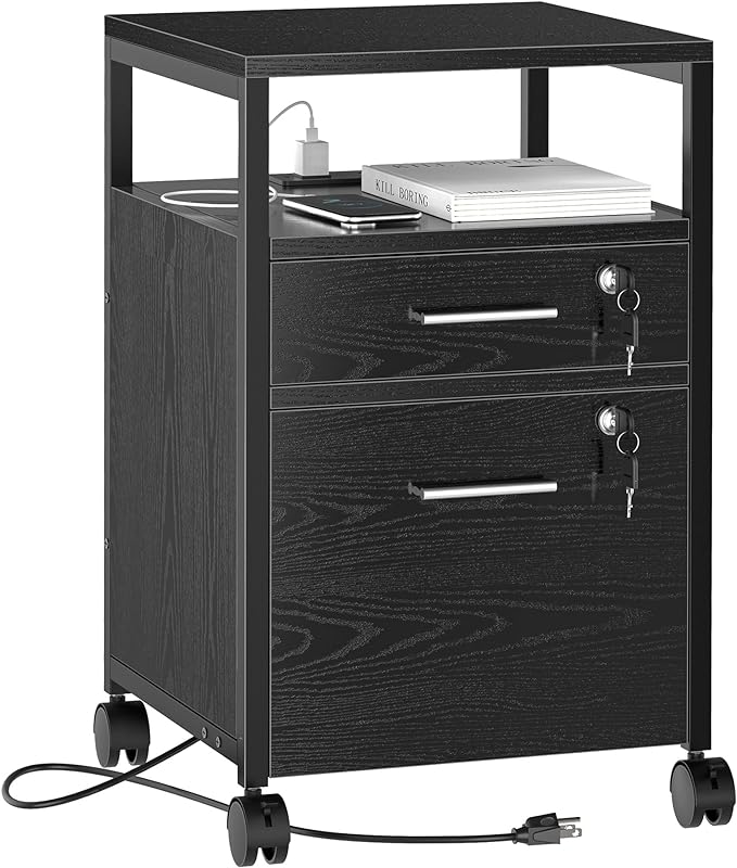 SUPERJARE File Cabinet with Lock & Charging Station, 2 Drawers Rolling Filing Cabinet, Office File Cabinet with Wheels & Open Shelf, for Home Office, A4/Letter Size Files Under Desk - Black - LeafyLoom