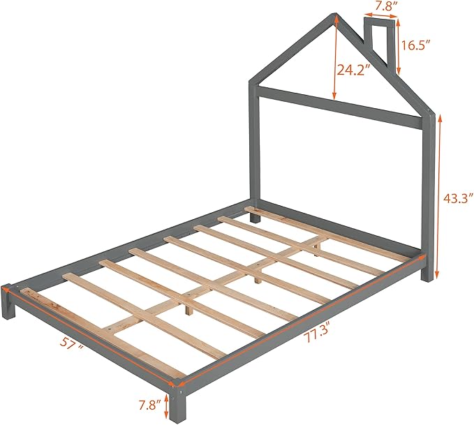 Jintop Full Size Wood Platform House-Shaped Headboard and Chimney,Bedroom Furniture Bed Frame W/ 10 Slat Support,Easy to Install,for Teens Kids Girls Boys,Gray - LeafyLoom