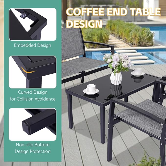 4 Pieces Patio Furniture Set Outdoor Garden Patio Conversation Sets Poolside Lawn Chairs with Tempered Glass Coffee Table Loveseat Porch Furniture Textilene Fabric Grey - LeafyLoom