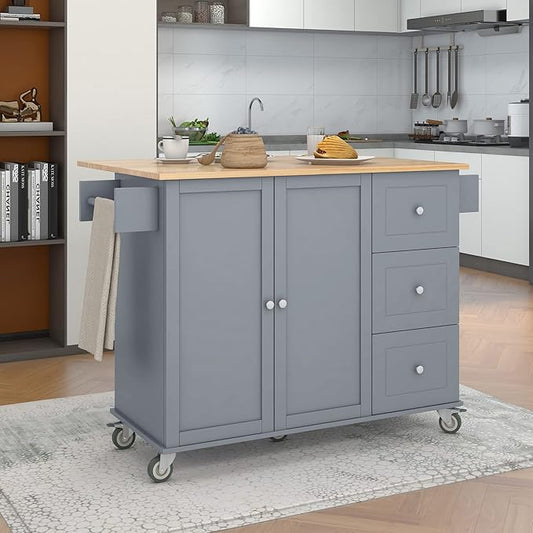 52.7 Cart with Wood Top and Drop Leaf Breakfast Bar, Rolling Mobile Island Towel Rack,Large Storage Cabinet Kitchen Table for Dinning Room, Grey, 52.76 Inch - LeafyLoom