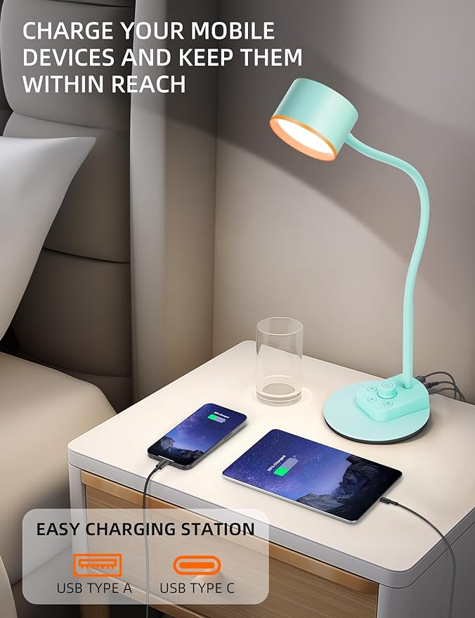 Desk Lamp, Fully Dimmable Bedside Reading Lamp with USB C + A Charging Ports, 5 Colors, Simple to Operate, Eye Care Metal Table Lamp Efficient Gooseneck Desk Lamps for Home Office College Dorm Room - LeafyLoom