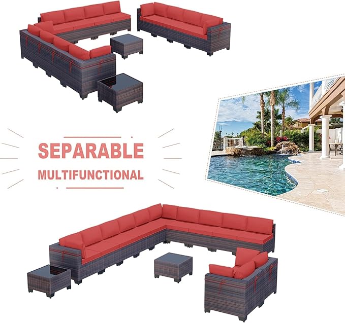 Kullavik 14PCS Outdoor Patio Furniture Set PE Wicker Rattan Sectional Sofa Patio Conversation Sets,Red - LeafyLoom