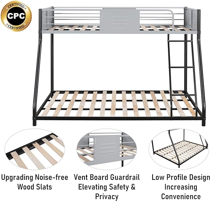 Metal Twin Over Full Bunk Bed, Heavy-Duty Sturdy Metal Frame with Safety Vent Board Guardrail, Low Bunk Beds for Kids, Teens, Adults, No Box Spring Needed - LeafyLoom