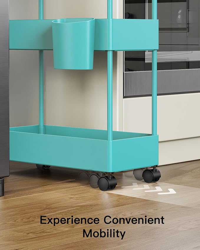 Pipishell Slim Storage Cart with Wheels, Bathroom Cart Organizer Bathroom Storage Small, Rolling Cart for Bathroom, Laundry Room, Kitchen, Narrow Space, Turquoise PIUC04TB - LeafyLoom