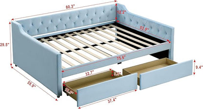 Full Size Velvet Upholstered Tufted Daybed with 2 Drawers,Modern Wood Bed Frame w/Armrests,Slat Support,No Box Spring Needed,Daybeds for Apartment,Bedroom,Guest Room,Blue - LeafyLoom