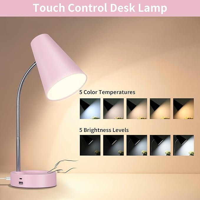 RUNTOP Pink Desk Lamp, Desk Lamps for Home Office, Desk Light for Kids, Desktop/Computer Study Lamps, Bedrooms Adjustable Gooseneck Reading Lamp with USB Port, 5 Brightness Levels, 5 Color Temperature - LeafyLoom