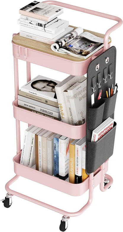 DTK 3 Tier Metal Utility Rolling Cart with Table Top and Side Bags, Metal Tray Storage Organizer Cart with Wheels, Art Craft Cart with 4 Hooks for Kitchen Bathroom Office Living Room (Pink) - LeafyLoom