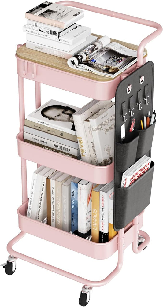 DTK 3 Tier Metal Utility Rolling Cart with Table Top and Side Bags, Metal Tray Storage Organizer Cart with Wheels, Art Craft Cart with 4 Hooks for Kitchen Bathroom Office Living Room (Pink) - LeafyLoom