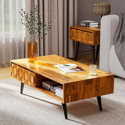 Bme Georgina Solid Wood Coffee Tables for Living Room, Coffee Table Mid Century Modern with 2 Symmetrical Storage Drawers & Geometric Details, Fully Assembled Center Table, Teak Brown - LeafyLoom